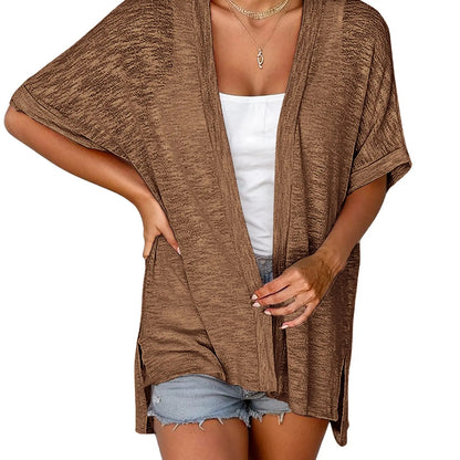 Women's Oversized Short Sleeve Open Front Knit Cardigan Lightweight Summer Beach Cover Up Casual Batwing Knit Top
