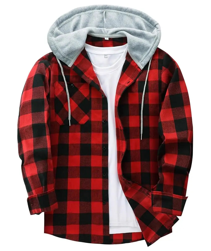 Men's Flannel Plaid Hooded Drawstring Jacket with Pockets