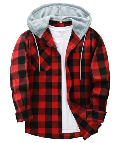 Men's Flannel Plaid Hooded Drawstring Jacket with Pockets