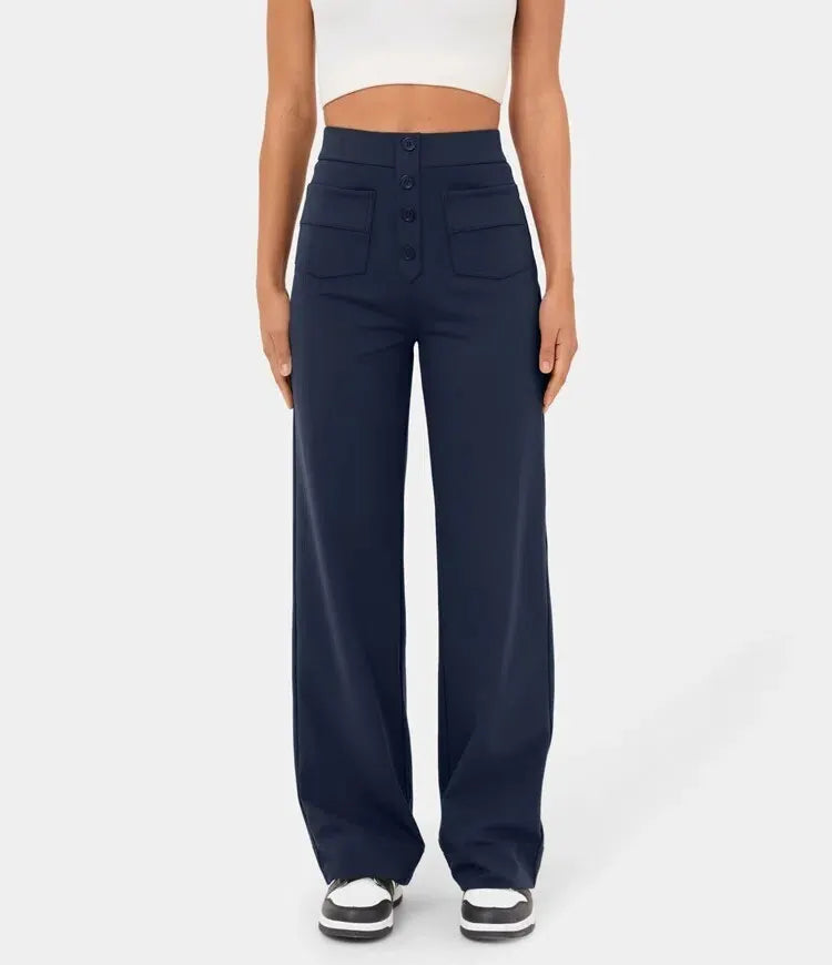 High Waisted Button Multiple Pockets Straight Leg Casual Pants