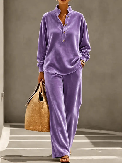 Loose And Cozy Velvet Two-piece Set (top And Pants)