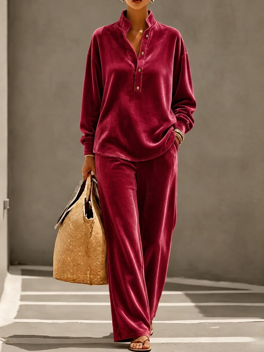 Loose And Cozy Velvet Two-piece Set (top And Pants)