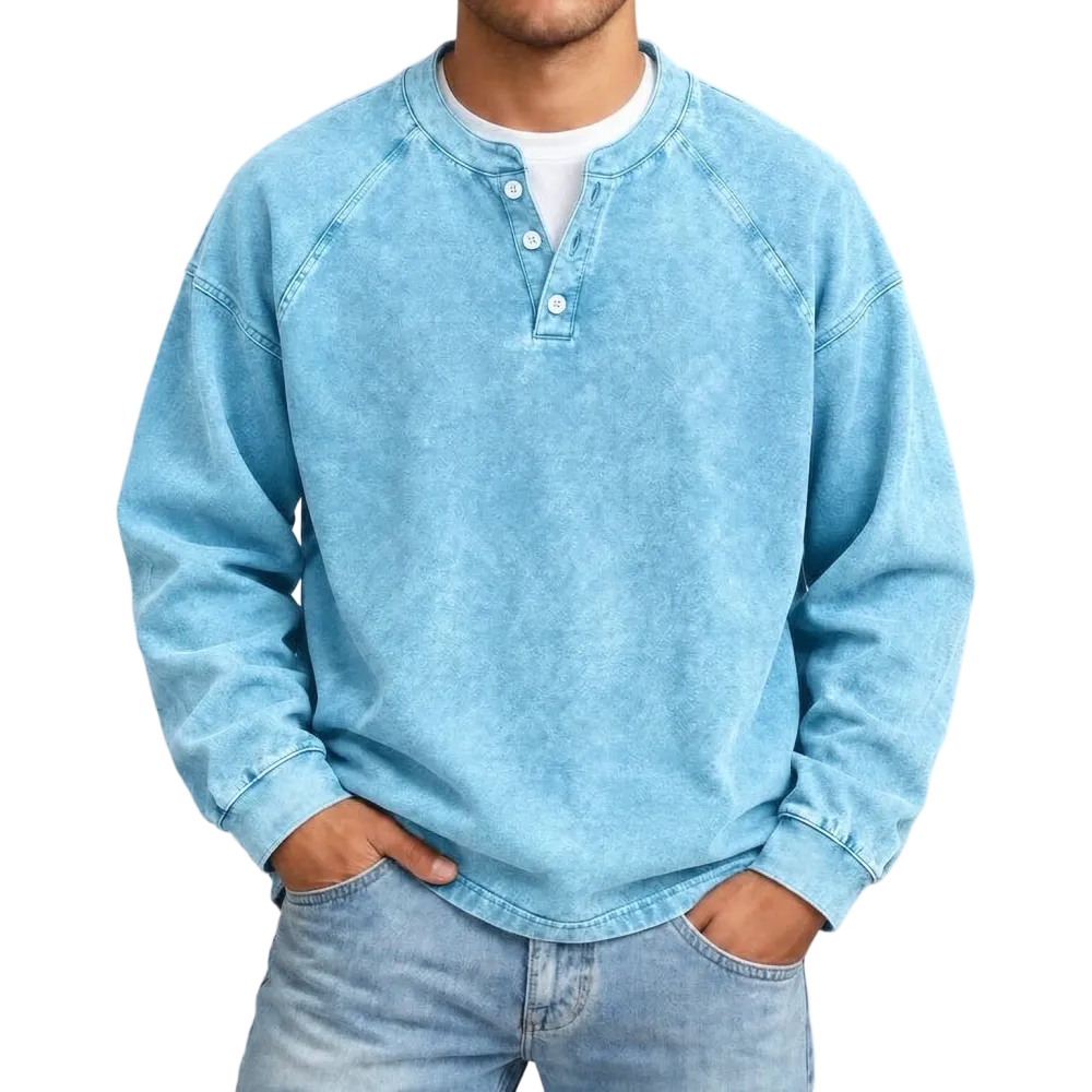 Distressed Washed Cotton Henley Long Sleeve Shirts