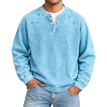 Distressed Washed Cotton Henley Long Sleeve Shirts