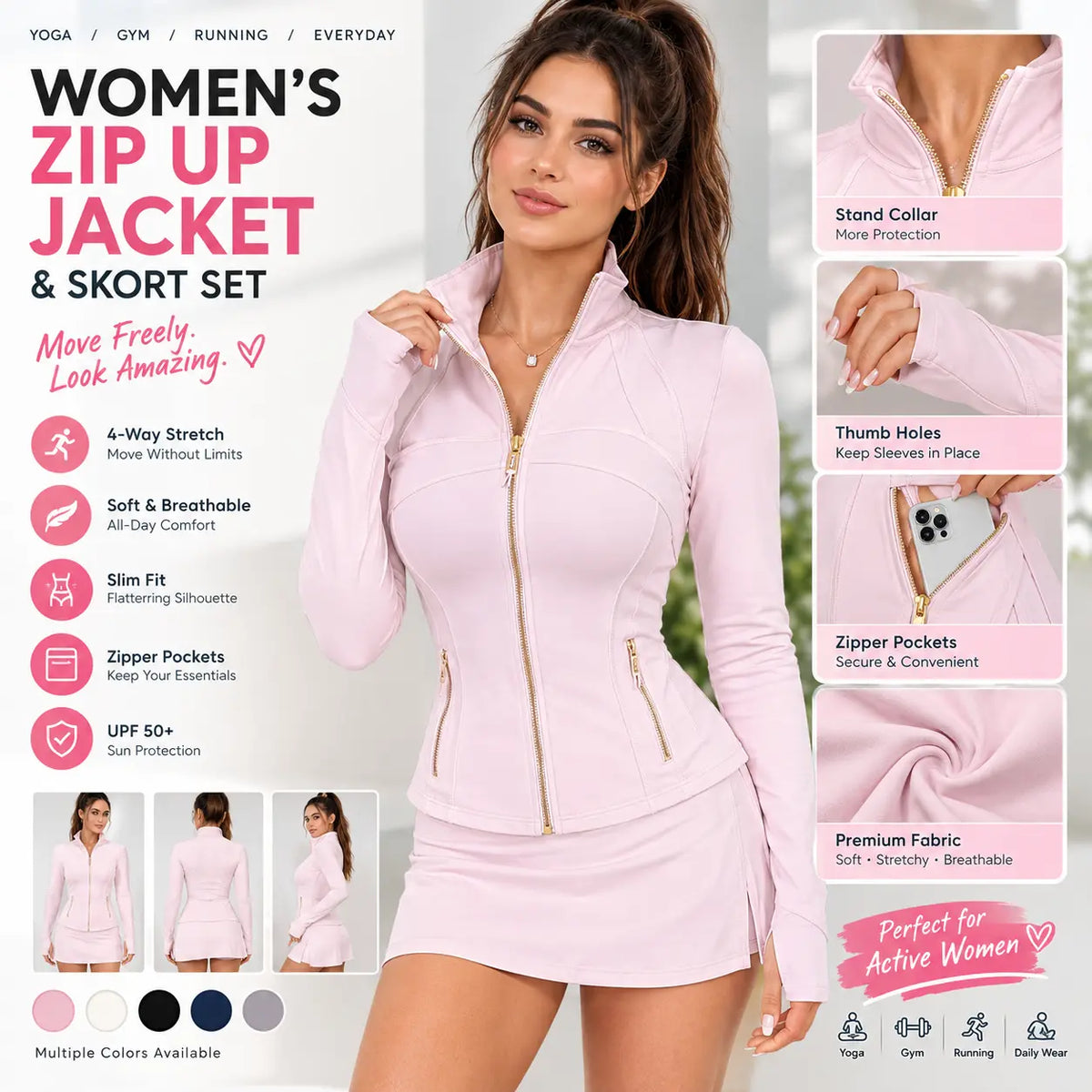 Women's Slim Fit Full Zip Workout Jacket with Thumb Holes and Zipper Pockets