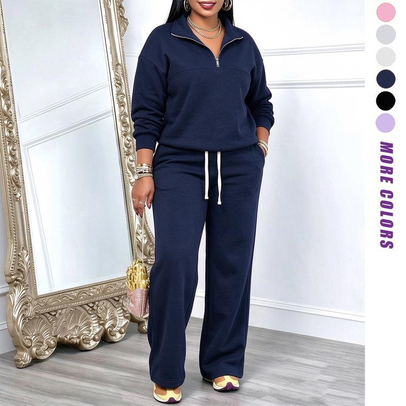 Women's Solid-Color Sweatshirt and Sweatpants Set for Autumn/Winter