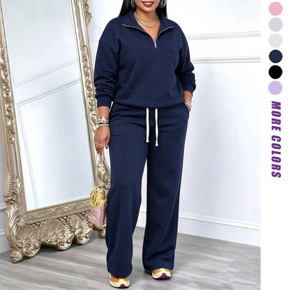 Women's Solid-Color Sweatshirt and Sweatpants Set for Autumn/Winter