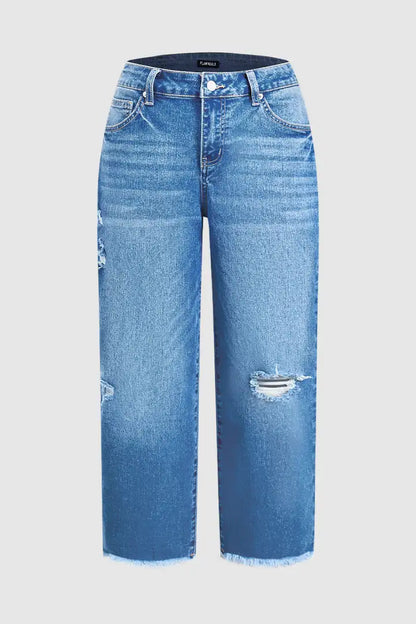 🔥 4 FOR ONLY $26.99! Women’s Mid-Waist Straight Leg Crop Jeans – Washed Ripped Raw Hem Denim