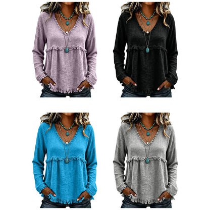 Women's Boho V Neck Long Sleeve Fringe Top