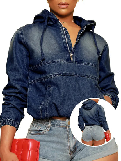 🔥 FACTORY CLEARANCE SALE ⚡Women's Washed Denim Half-Zip Hoodie | Soft, Comfortable, Easy-to-Wear Casual Outerwear