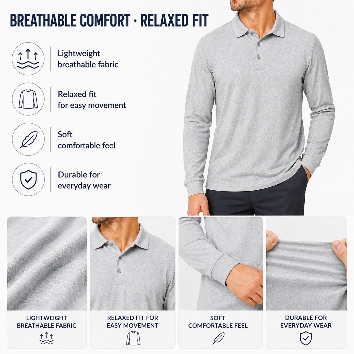 Men's Relaxed Textured Long Sleeve Polo Shirt