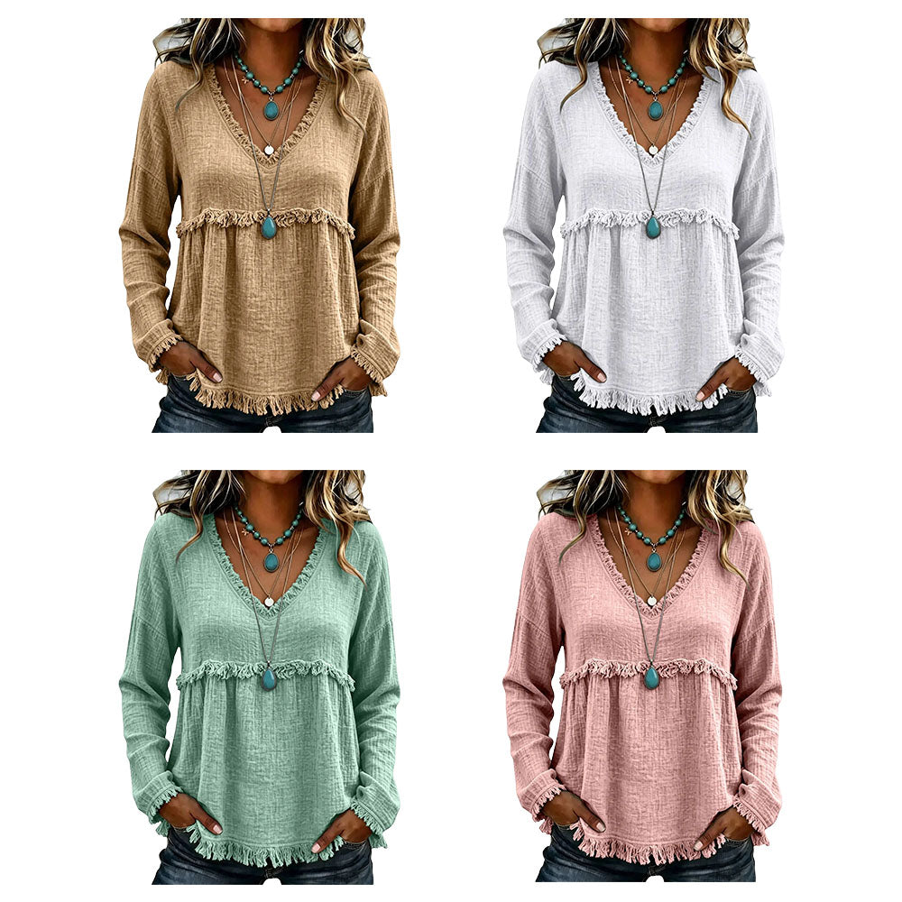 Women's Boho V Neck Long Sleeve Fringe Top
