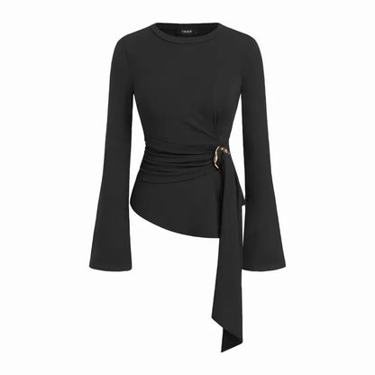 Round Neckline Ruched Metal Detail Long Sleeve Tee