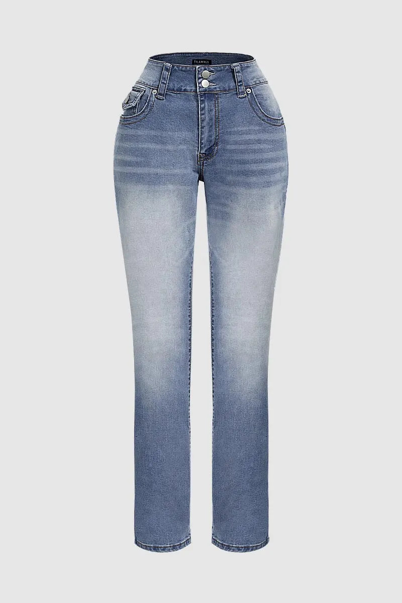 Double Button Mid Waist Straight Leg Jeans