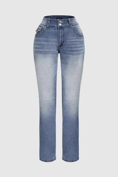 Double Button Mid Waist Straight Leg Jeans