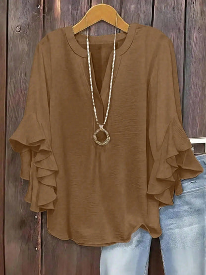 Plus Size Women's Ruffled Sleeve V-Neck Shirt Blouse Tops, Elegant Floral Design
