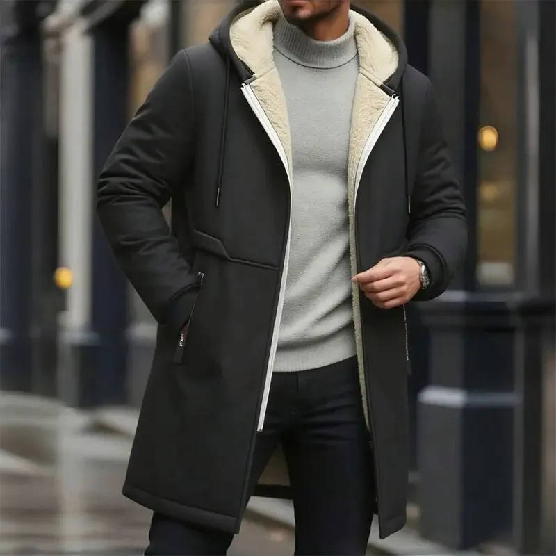 Men's Long Hooded Faux Shearling-Lined Winter Coat