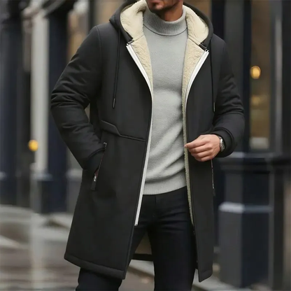 Men's Long Hooded Faux Shearling-Lined Winter Coat