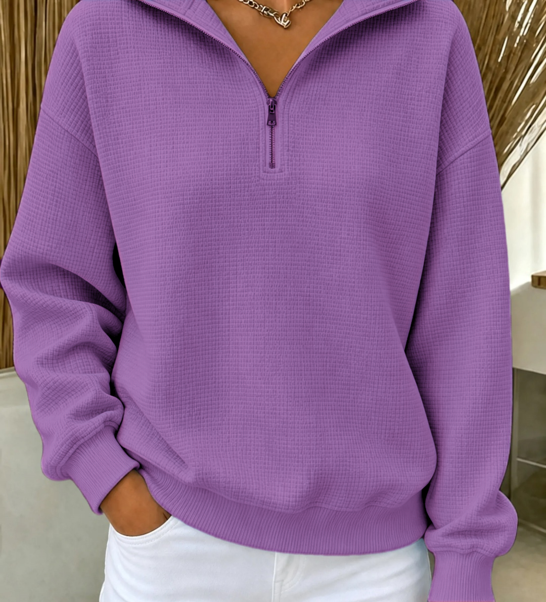 RAUSVERKAUF🔥 Damen Waffel-Strick Sweatshirt mit Viertelreißverschluss