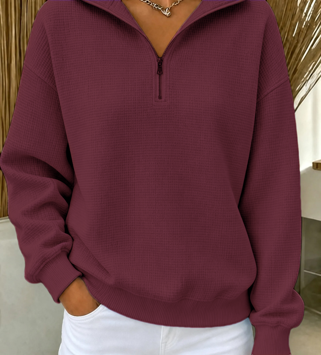 RAUSVERKAUF🔥 Damen Waffel-Strick Sweatshirt mit Viertelreißverschluss