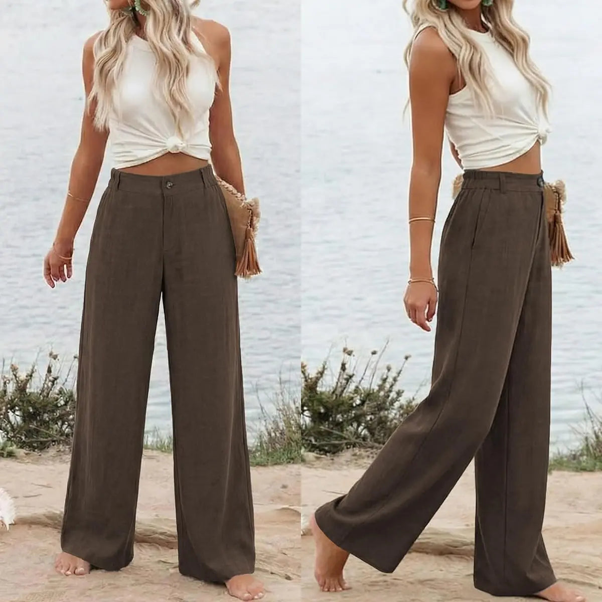 Womens Cotton Linen Pants Casual Wide Leg Trousers