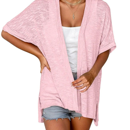 Women's Oversized Short Sleeve Open Front Knit Cardigan Lightweight Summer Beach Cover Up Casual Batwing Knit Top