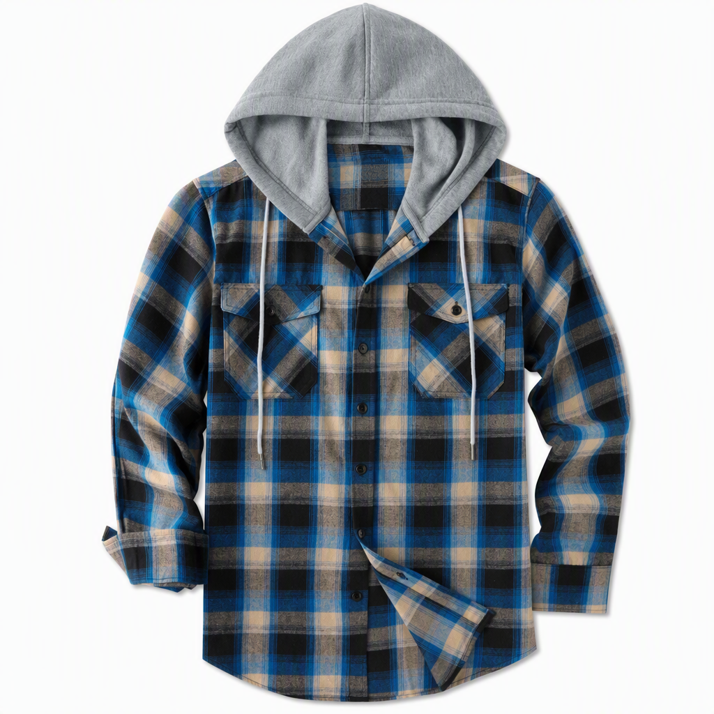 Men's Plaid Zip Up Hoodie Loose Fit American Style Brushed Hooded Sweatshirt