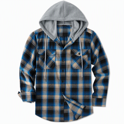 Men's Plaid Zip Up Hoodie Loose Fit American Style Brushed Hooded Sweatshirt