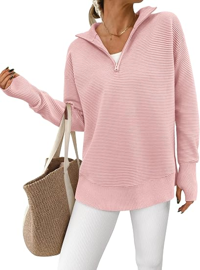 Women's Ribbed Half-Zip Tunic Sweater – Relaxed Fit Long Sleeve Pullover