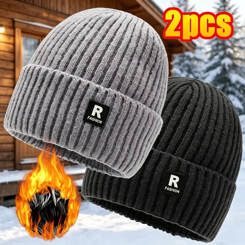2-Pack Men's Fleece-Lined Knit Beanies, Warm Cuffed Winter Hats