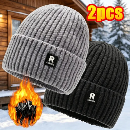 2-Pack Men's Fleece-Lined Knit Beanies, Warm Cuffed Winter Hats