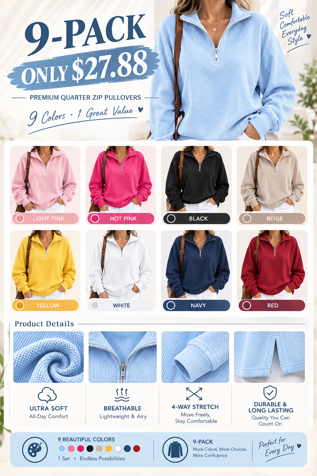 CLEARANCE SALE🔥Women's Waffle Knit Quarter-Zip Sweatshirt