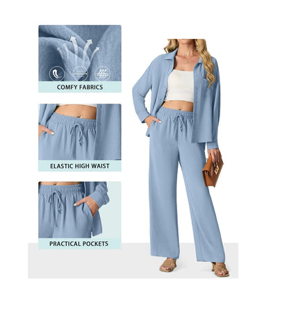 Women's casual athletic-style shirt and pants set—a two-piece ensemble featuring a loose-fitting button-down shirt and wide-leg pants, both comfortable and stylish