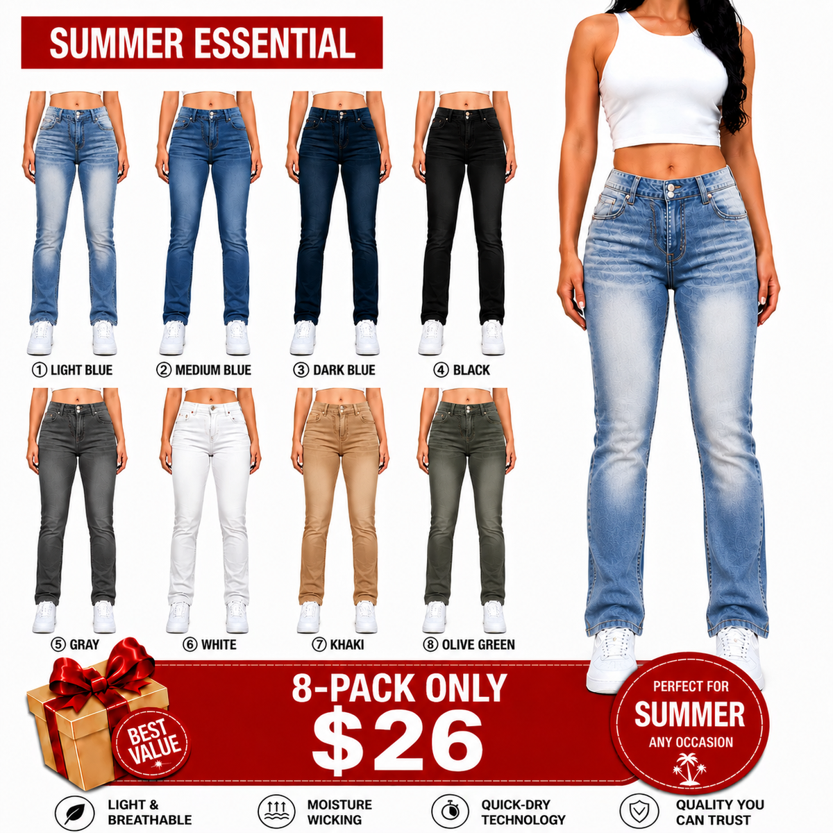 Double Button Mid Waist Straight Leg Jeans