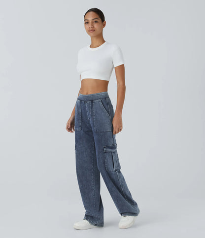 Mid Rise Multi Pockets Straight Leg Stretch Casual Cargo Jeans