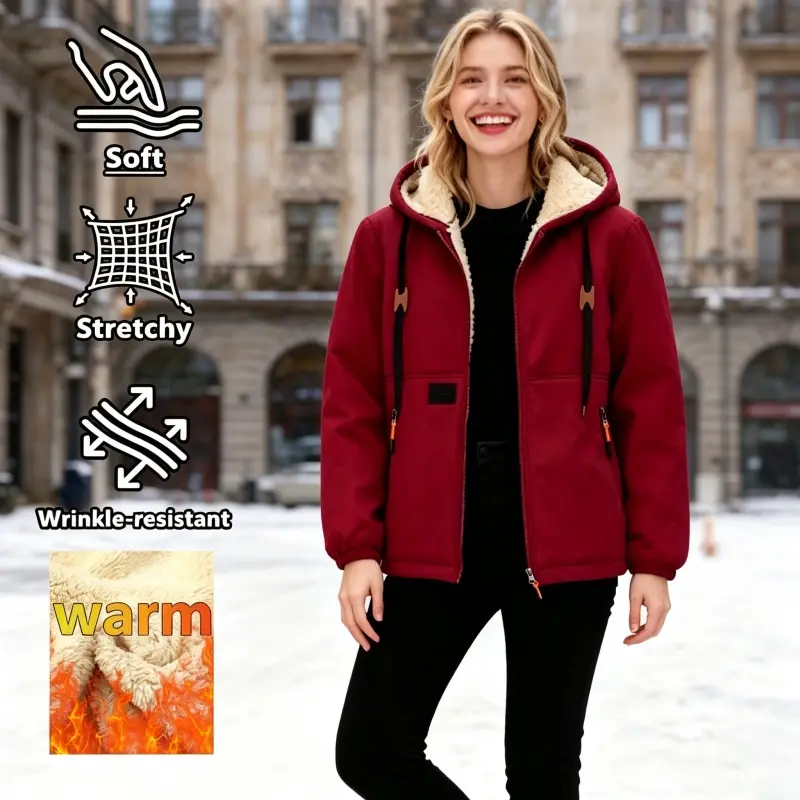 Women's Fleece Hooded Coat – Thick Warm Outerwear with Patch Detailing, Worldwide Shipping