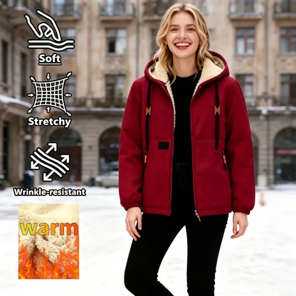 Women's Fleece Hooded Coat – Thick Warm Outerwear with Patch Detailing, Worldwide Shipping