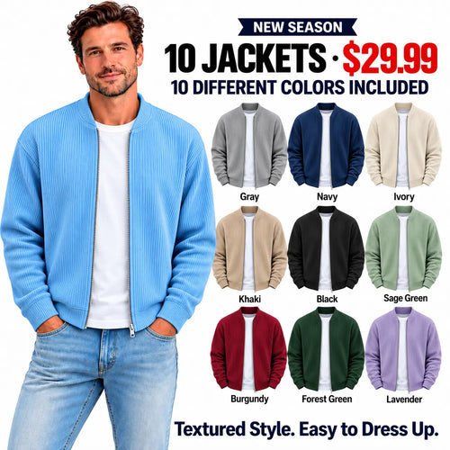 Men's Simple Casual Ribbed Stand Collar Zipper  Long Sleeved Jacket