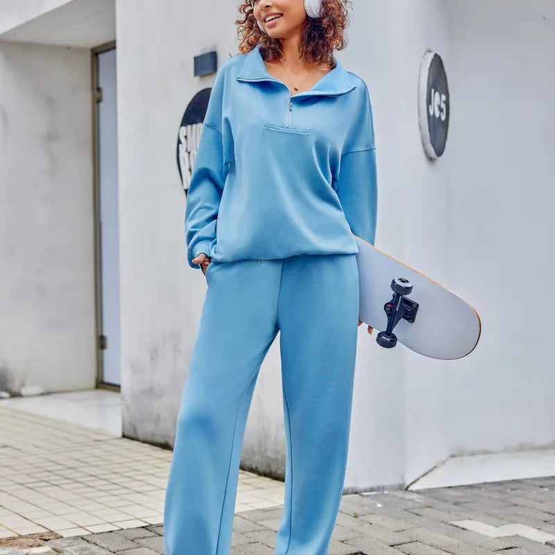 Women's Cotton-Blend Lightweight Relaxed-Fit Half-Zip Tracksuit Set