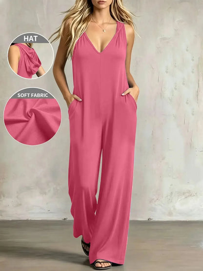 Plus-size women's V-neck jumpsuit featuring pockets and a casual strap design.