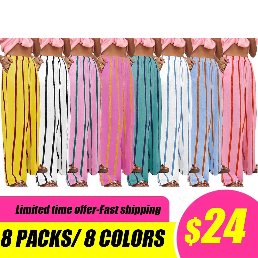 Women's Linen Striped Print Wide Leg Pants