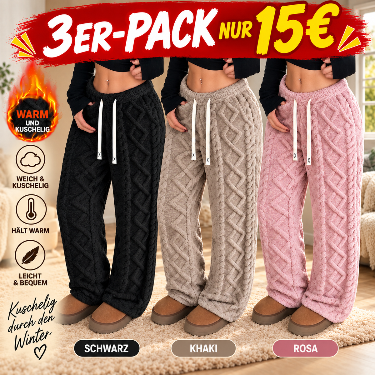 Damen Kuschelige Zopfmuster-Wollhose mit weitem Bein – 100 % Wolle