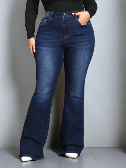 Plus Size Plain Pocket Button Flare Leg Jeans