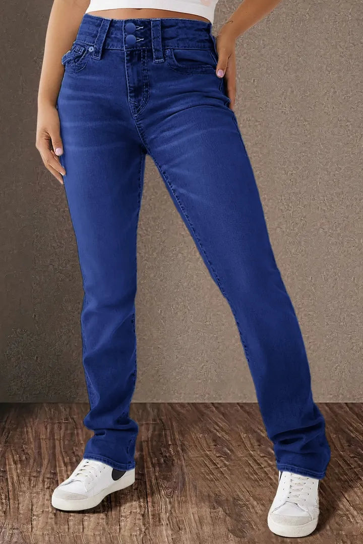 Double Button Mid Waist Straight Leg Jeans