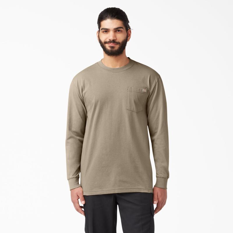 Heavyweight Long Sleeve Pocket T-Shirt,100% Cotton,Long Tail,Tagless Label,Classic Crew Neck,Chest Pocket,Workwear Style