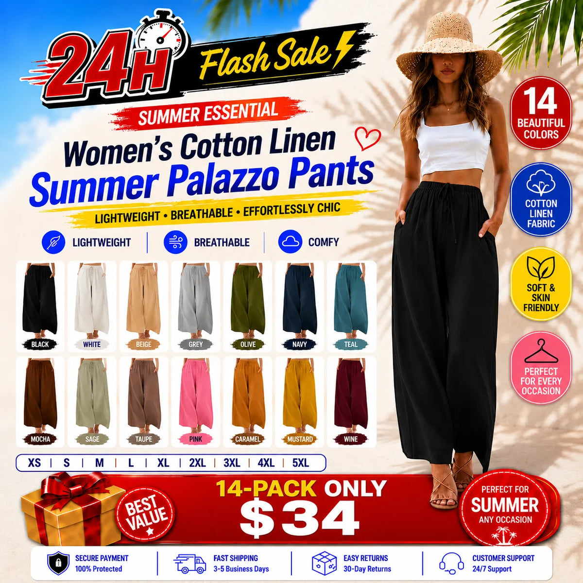 Women's Cotton Linen Summer Palazzo Pants Flowy Wide Leg Beach Trousers with Pockets