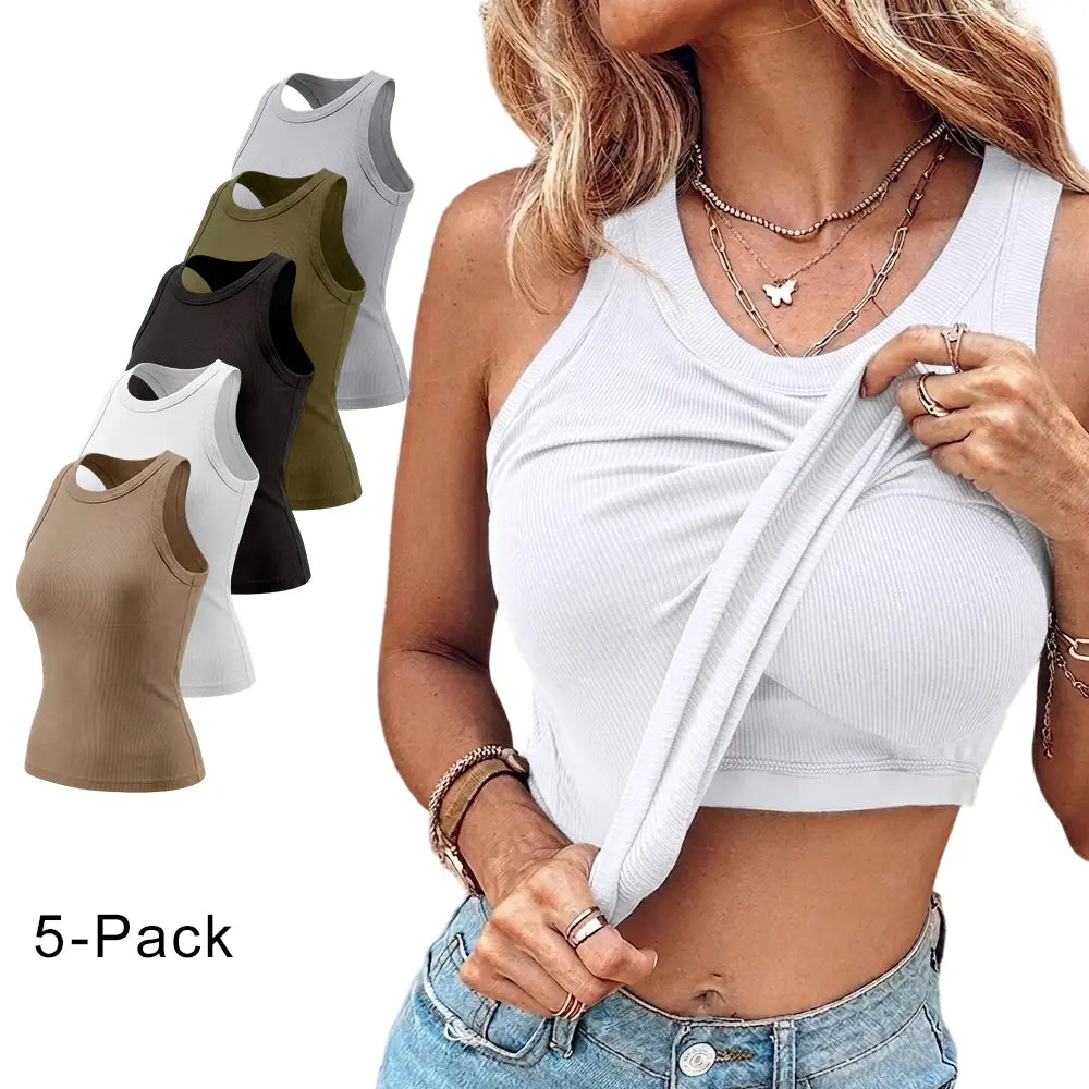 Built-in Bra Tank Top Ribbed Racerback Tops Women Going Out Tops Everyday Basic Tanks Padded Tops