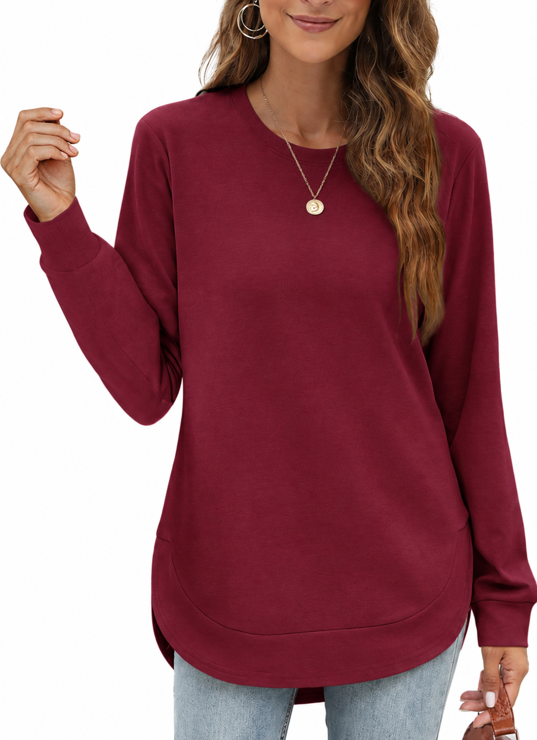 💖2026 Autumn's Sale 80% OFF✨🍂Women's Sweatshirt Crewneck Long Sleeve Shirts High Low Tops Curved Hem