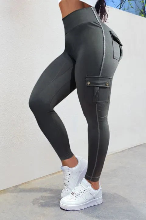 Solid Flap Pocket High Waist Sports Leggings