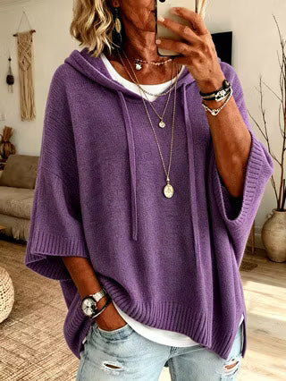 Women's Loose-Fit Knitted Hoodie With Drawstring